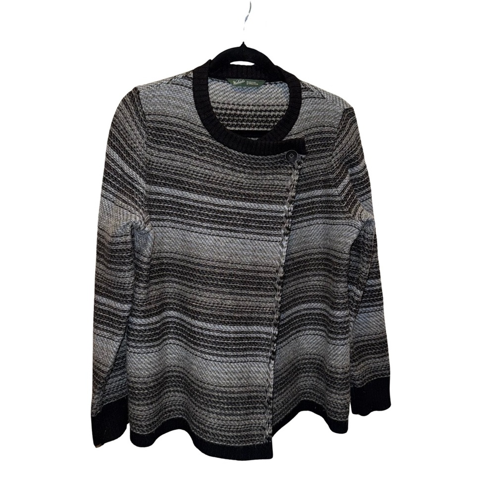Woolrich Lambswool Blend Button Front Sweater Jacket Medium Gray Stripe